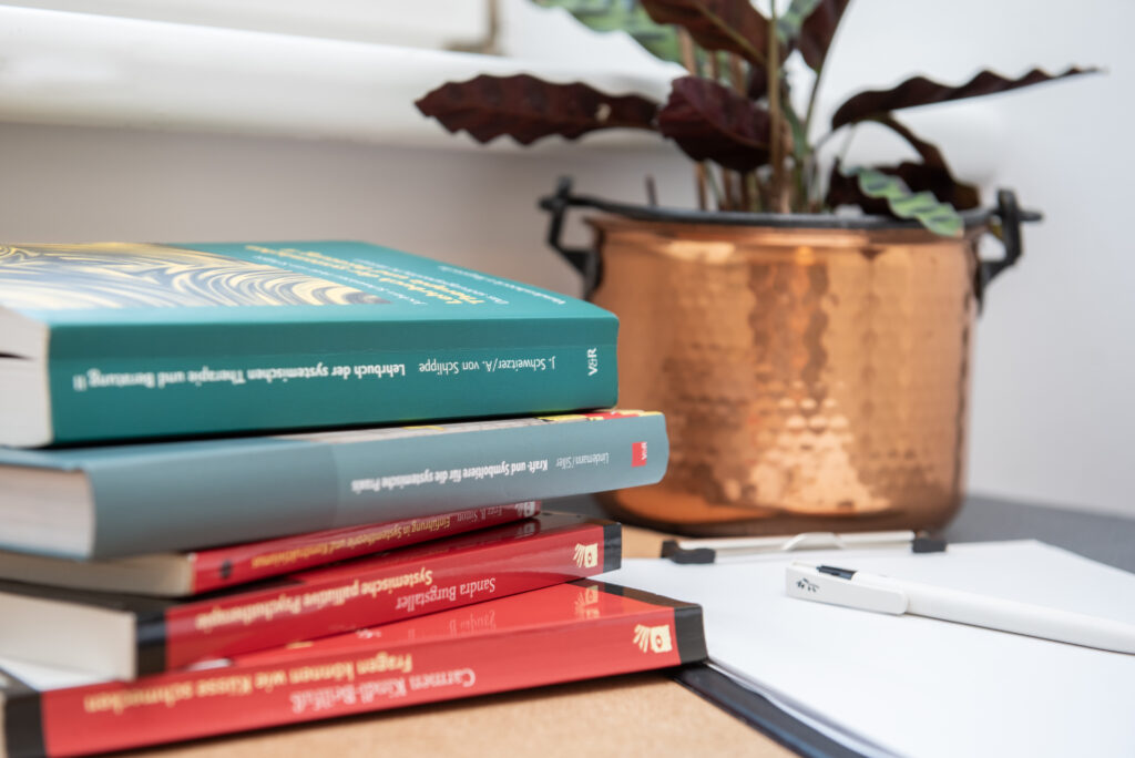 Symbolbild für hypnosystemischen Ansatz - Detailbild mit Bücherstapel, Schreibzeug und Pflanze auf Schreibtisch. Erleben